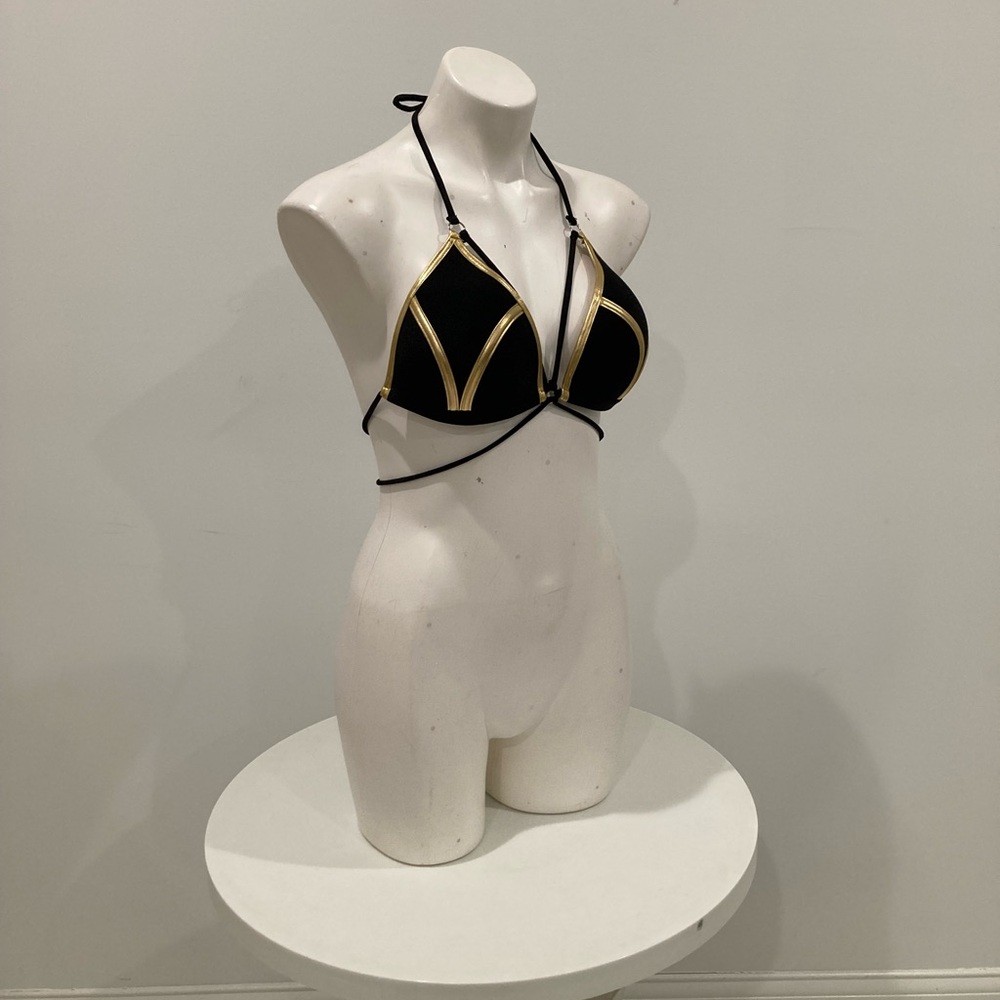 Black Gold Trim Padded Triangle String Bikini Top… - image 7
